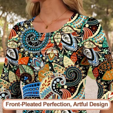 Blingfit Ladies Tops and Blouses 3/4 Sleeve Womens Business Top Pleated Tunic Floral Shirt for Womens Elbow Length Sleeve Shirt Trendy L - Image 4