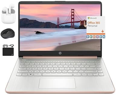 HP New 14" HD Ultral Light Thin Laptop, Quad-Core Intel Celeron Processor, 8GB RAM, 256GB (128GB eMMC+ 128GB Card), Wi-Fi, Upto 11 Hours, Windows 11S + 1 Year Office 365+HubxcelAccessory, Rose Gold - Image 1
