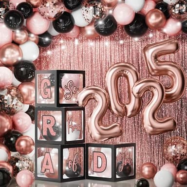 Graduation Party Decorations Class of 2025-86 PCS Grad Party Supplies With LED Light Strings Balloon Block Boxes with Letters Foil Curtain Backdrop 2025 Balloon Garland Kit - Black Pink Rose Gold - Image 1