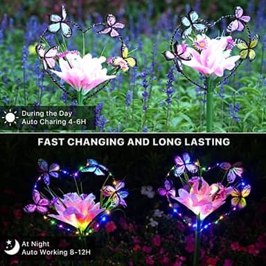 Aukora Solar Garden Lights Outdoor Waterproof, A Heart-Shaped Garland Design with Artificial Butterflies ＆ Flowers, 7 Color Changing LED Beads for Patio Yard Wedding Decor, Gifts for Women (2-Pack) - Image 5