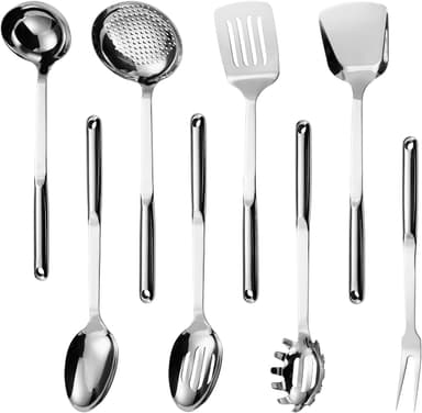 304 Stainless Steel Cooking Utensils Set, 8PCS Kitchen Utensils Set, Include Skimmer, Soup Ladle, Spaghetti Server, Wok Spatula, Slotted Spoon, Solid Spoon, Slotted Spatula Turner & Meat Fork - Image 2