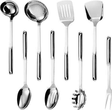 304 Stainless Steel Cooking Utensils Set, 8PCS Kitchen Utensils Set, Include Skimmer, Soup Ladle, Spaghetti Server, Wok Spatula, Slotted Spoon, Solid Spoon, Slotted Spatula Turner & Meat Fork - Image 1