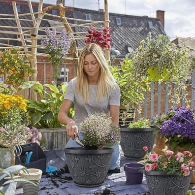 Nooulap 4 Pack 10 Inch Plant Pot for Outdoor Indoor, Plastic Flower Pots with Drainage Hole & Saucer, Lightweight Small Resin Flower Pot, Imitation Magnolia Planter Pots for Garden House（Gray） - Image 3