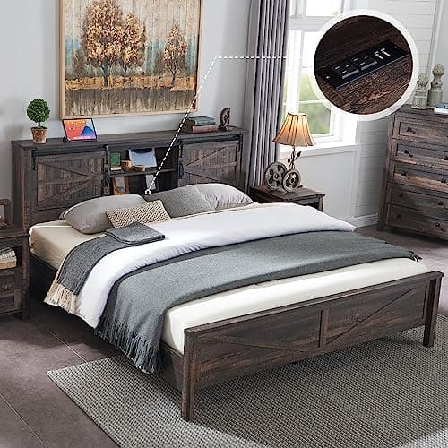 T4TREAM Farmhouse King Size Bed Frame w/Storage Bookcase Headboard, Sliding Barn Door, Charging Station, Rustic Wood Platform Bed w/Wood Slats Support, No Box Spring Needed, Dark Rustic Oak - Image 1