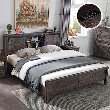 T4TREAM Farmhouse King Size Bed Frame w/Storage Bookcase Headboard, Sliding Barn Door, Charging Station, Rustic Wood Platform Bed w/Wood Slats Support, No Box Spring Needed, Dark Rustic Oak - Image 1
