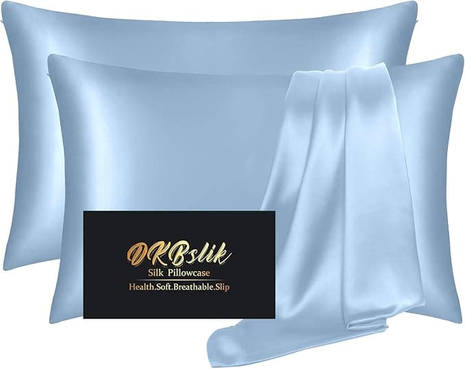 Silk Pillow Cases 2 Pack, Mulberry Silk Pillowcases Standard Set of 2, Health, Anti Acne,Beauty Sleep, Both Sides Natural Silk Satin Pillow Cases for Women 2 Pack with Zipper for Gift, Haze Blue - Image 1
