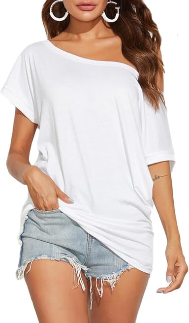 Poetsky Women's Summer Off Shoulder Shirts Casual Loose Short Sleeve Tunics Tops - Image 2