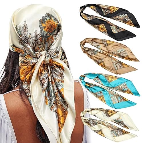 AWAYTR Satin Large Square Head Scarves - 4PCS Silk Like Neck Scarf Lightweight Hair Sleeping Wraps for Women (Cashew(Black/Blue/Camel/Beige)) - Image 1