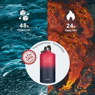 128oz Insulated Water Bottle, BUZIO Gallon Water Jug with Straw Lid and Carrying Sleeve (Cold for 48 Hrs) Stainless Steel Hydro Metal Canteen Water Flask, Ruby Red Navy - Image 2