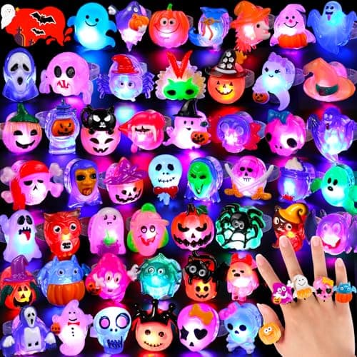 Nucifer 50 Pcs Halloween Treats Light Up Rings Toys Bulk 3D LED Flashing Glow In The Dark Rings Party Supplies Prizes Non Candy Treats Halloween Party Favors Gifts Toys Kids Adults Goodie Bag Stuffers - Image 1