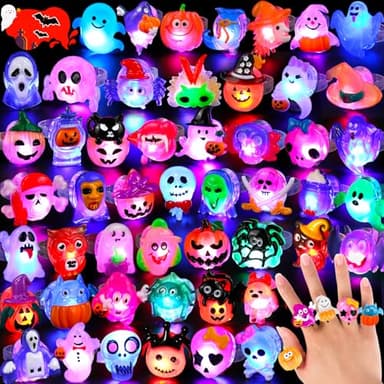 Nucifer 50 Pcs Halloween Treats Light Up Rings Toys Bulk 3D LED Flashing Glow In The Dark Rings Party Supplies Prizes Non Candy Treats Halloween Party Favors Gifts Toys Kids Adults Goodie Bag Stuffers - Image 1