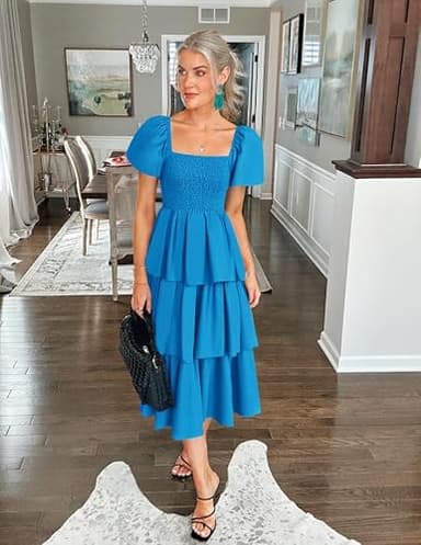 ZESICA Women's 2025 Summer Boho Midi Dress Short Puff Sleeve Flowy A Line Tiered Beach Vacation Long Dresses,Blue,X-Large - Image 5