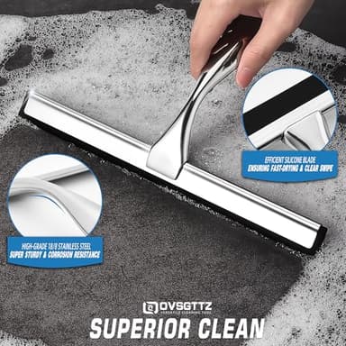 OVSGTTZ Shower Squeegee for Glass Door with 3 Adhesive Hook, Stainless Steel Glass Cleaning Squeegee for Bathroom & Household Window, Mirrors, Tiles and Car, 10 Inches, Clear, Silver - Image 4