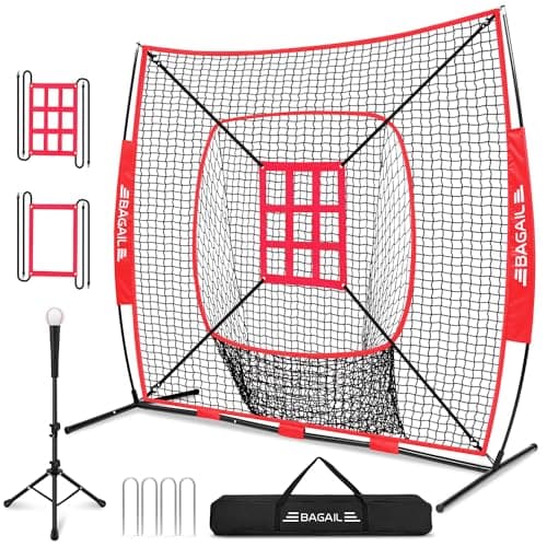 BAGAIL 7x7 ft Baseball & Softball Practice Net with Bow Frame for Batting, Hitting, Pitching, Portable Baseball Throwing Net with 2 Strike Zone Batting Tee, Carry Bag, Great for All Levels - Image 1