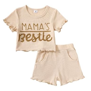 Mikrdoo Toddler Baby Girl Clothes Summer Short Sleeve T Shirt Tops Cute Infant Ruffle Ribbed Knit Shorts Outfits Set Solid Color Apricot 12 18 Months - Image 1