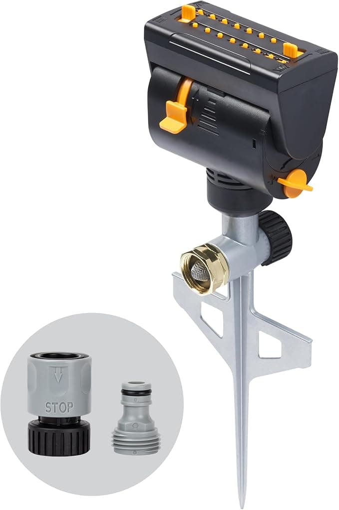 Melnor 65137AMZ MiniMax Turbo Oscillating Sprinkler on Step Spike, 4000 sq. ft., 4-Way Adjustable, Quick Connect Bundle, Yellow - Image 1