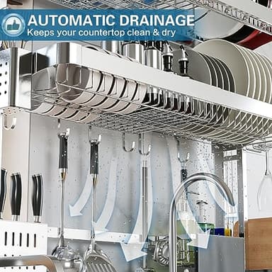 LIVOD Over The Sink Dish Drying Rack,3 Tier Adjustable Length Full Stainless Steel Large Storage Kitchen Dish Rack,for Kitchen Counter Expandable Multifunctional Organizers,Silver (25.98-37.6") - Image 8