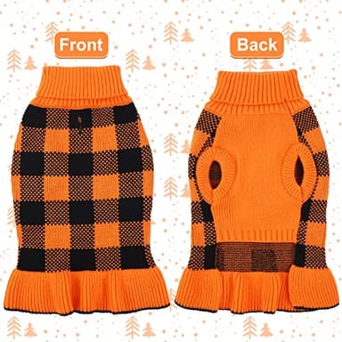LeLePet Dog Sweater Dress - Turtleneck Pullover Knitwear, Warm Plaid Halloween Sweater for Small to Large Dogs, Yorkies, Orange, M - Image 2