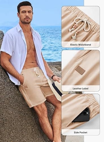 JMIERR Men's Casual Cotton Linen Shorts - Drawstring Summer Beach Stretch Golf Dress Short 7 inch Polo Shorts with Pockets for Men, 2XL, Khaki - Image 3