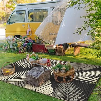 GENIMO Outdoor Rug 9' x 12' Waterproof for Patios Clearance, Reversible Outdoor Plastic Straw Camping Rug Carpet, Large Area Rugs Mats for RV, Camper, Deck, Balcony, Porch, Beach, Picnic, Black&Beige - Image 3