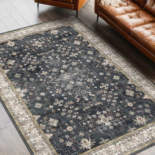 Black Boho Living Room Rug 5x7, Washable Dark Vintage Moody Low Pile Non Slip Carpet for Bedroom, Dinning Room, Office, Farmhouse, Retro Area Rug Indoor Decor (5x7 Black/Multi) - Image 1