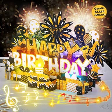 BYKOOO Birthday Card | Musical Pop Up Birthday Cards w Light | Blow Out LED Light Candle & Play Happy Birthday Music Pop Up Card | Greeting Cards Gifts for Him or Her | Black Gold (Blowable Candle) - Image 1