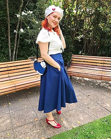 Women 1950's Vintage Pleated Skirt Retro Button A-line Skirts,Navy Blue L - Image 5