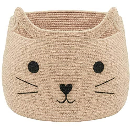 VK VK·LIVING Animal Baskets Large Woven Cotton Rope Storage with Cute Cat Design Laundry Organizer for Towels, Blanket, Toys, Clothes, Gifts – Cat Toy Box Pet or Baby Gift Baskets 15"Lx14H" - Image 1