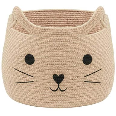 VK VK·LIVING Animal Baskets Large Woven Cotton Rope Storage with Cute Cat Design Laundry Organizer for Towels, Blanket, Toys, Clothes, Gifts – Cat Toy Box Pet or Baby Gift Baskets 15"Lx14H" - Image 1