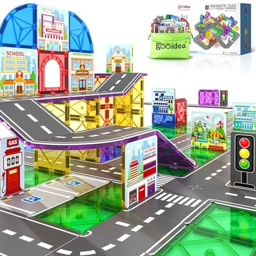 92PCS Magnetic Tiles Build Your Own Live City Toddlers Kids Toys City Road Construction Sensory Toys Preschool Learning Play with Cars Pretend Play Toy Gift for 3 4 5 6 7 Year Old Boys Girls - Image 1
