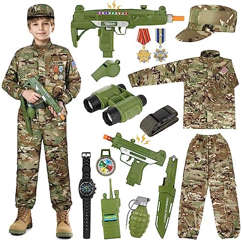 GIFTINBOX Army Costume for Kids, 15PCS Soldier Military Costume Dress Up Role Play Set with Army Accessories, Halloween Costumes for Boys Kids 3-13, Halloween Birthday Gift for Kid - Image 1