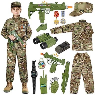 GIFTINBOX Army Costume for Kids, 15PCS Soldier Military Costume Dress Up Role Play Set with Army Accessories, Halloween Costumes for Boys Kids 3-13, Halloween Birthday Gift for Kid - Image 1