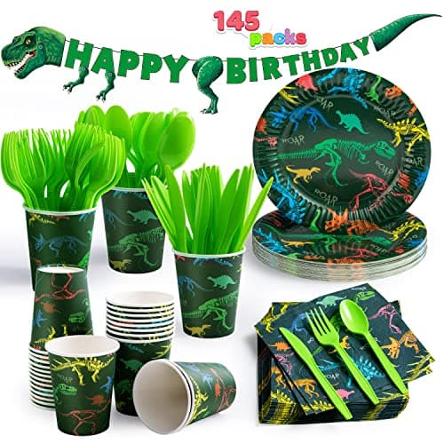 JOYIN 145 Piece Dinosaur Birthday Party Supplies with Trex Banner, 24 Serves dinosaur Disposable Tableware Set with Plates, Cups, Napkins, and Cutlery Sets for Dinosaur Themes Party Kids Years - Image 1