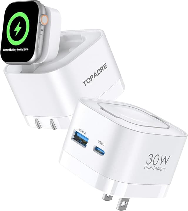 30W Charger for Apple Watch, 3-in-1 USB C Charging Block Travel Essentials, Portable Wall Charger with Foldable Plug, Fast Charging for iWatch Series 10/9/ 8/7/ 6/ Ultra/SE, iPhone, White