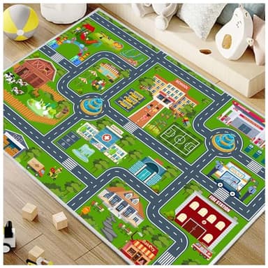 VNUVCOE Kids Car Rug Playmat Carpet, Playroom City Road Race Track Rug for Playing Cars Toys, Educational Area Rugs for Bedroom Classroom Toddlers Kids Room Safe Area Decor(Green,2.6x3.9ft) - Image 2