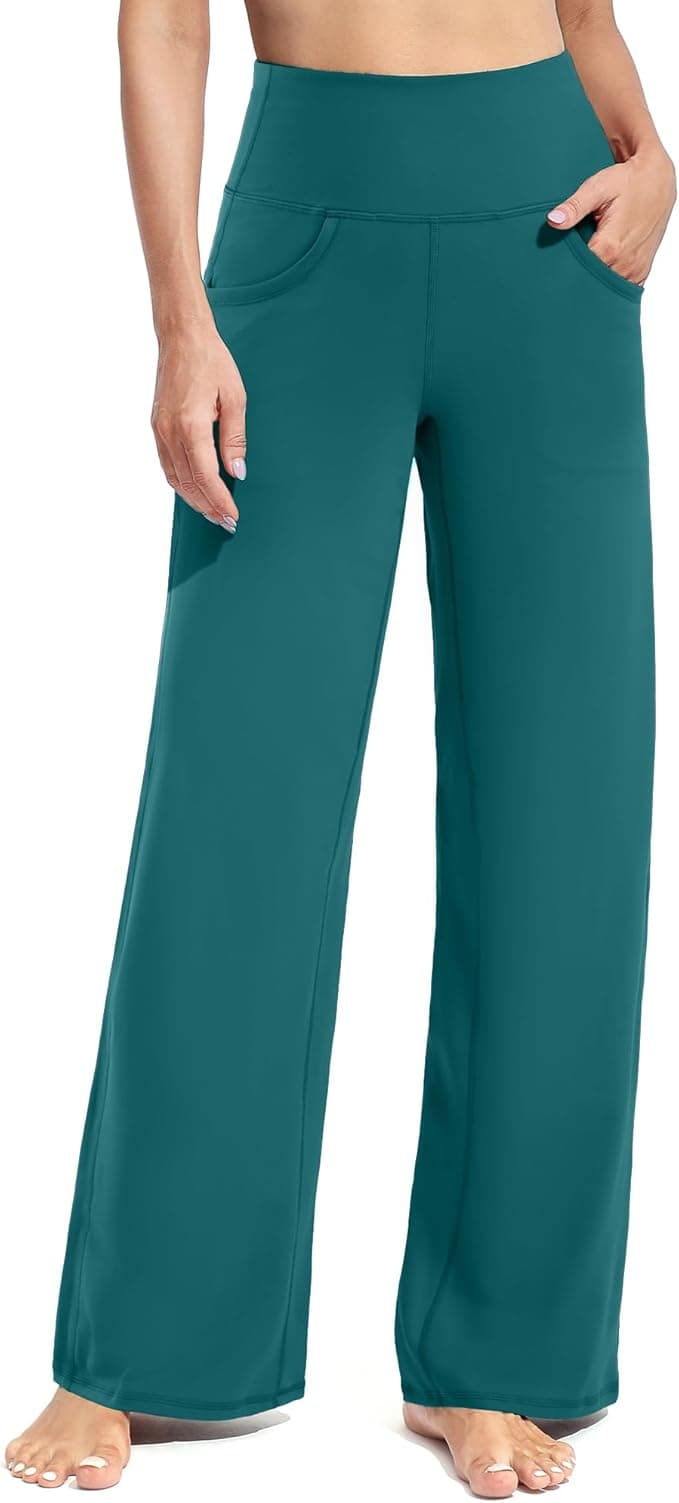 Promover Leggings for Women Wide Leg Pants Business Casual Outfits Yoga Dress Work Palazzo Trousers Pants with Pockets Women's Fashion(Teal,S,31") - Image 1