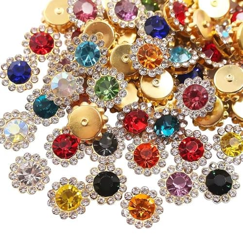 Mixed Colors 12mm 150pcs Sew on Rhinestones for Crafts, Crystals Glass Jewels Gems with Metal Base Sewing Flower Claw, Sunflower Shape Flatback Rhinestone for Crafting, Clothes Shoes Hats Accessories