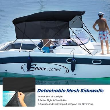 KAKIT 3 4 Bow Bimini Tops with Mesh Sidewalls Support Poles for Boats Marine Grade Canvas Top Includes 2 Straps Storage Boot 1 Inch Aluminum Frame - Image 3