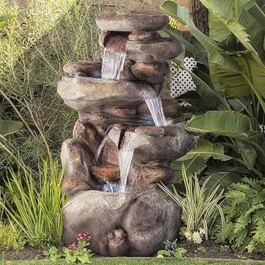 Alpine Corporation WIN316 40" Floor Fountain – 4-Tiered Rock Water Feature with Cascading Streams & White LED Lights – Tranquil Outdoor Décor for Garden, Patio, Yard, Deck, or Porch, Light Gray - Image 4