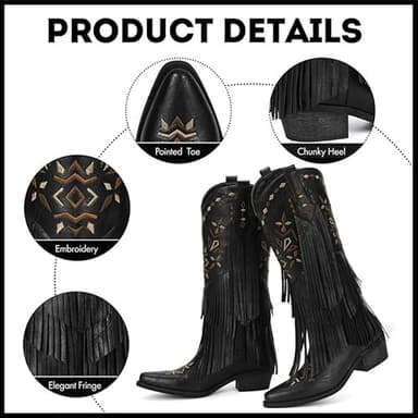 Bybmorto Black Cowboy Boots for Women - Fringe Knee High Cowgirl Boots with Classic Embroidery, Pointed Toe Pull on Retro Design, Perfect for Western Parties, Weddings and Events Size 7.5 - Image 5