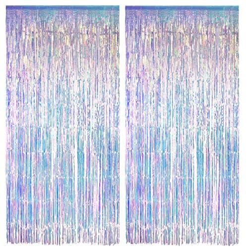 Iridescent Party Streamers Backdrop - GREATRIL Neon Transparent Holographic Tinsel Foil Fringe Curtain for Mermaid/Frozen/Sea/Euphoria/ERAS Party Theme Decorations 3.2ft x 6.5ft 2 PCS - Image 1