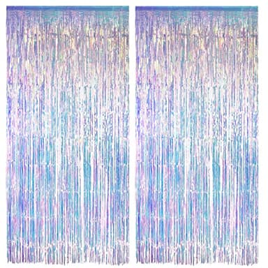 Iridescent Party Streamers Backdrop - GREATRIL Neon Transparent Holographic Tinsel Foil Fringe Curtain for Mermaid/Frozen/Sea/Euphoria/ERAS Party Theme Decorations 3.2ft x 6.5ft 2 PCS - Image 1