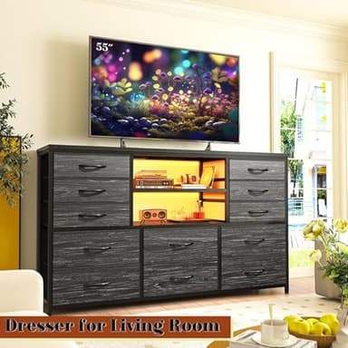 EnHomee Black Dresser with LED Lights & Power Outlets, 12 Drawers Dresser TV Stand for 60'' TV Stand for Bedroom Fabric Dressers & Chest of Drawers, Sturdy Metal Frame, Living Room,Hallway - Image 4