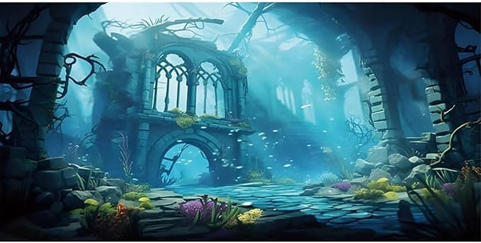 AWERT 36x18 inches Polyester Undersea Aquarium Background Ruins Aquarium Background Undersea Aquatic Plants Fish Tank Background - Image 1