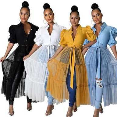 Ekaliy Women’s Plus Size Casual Tunic Tops Blouses Mesh See Through Shirts Dresses with Belt Club Party Outfit XXL Blue - Image 3