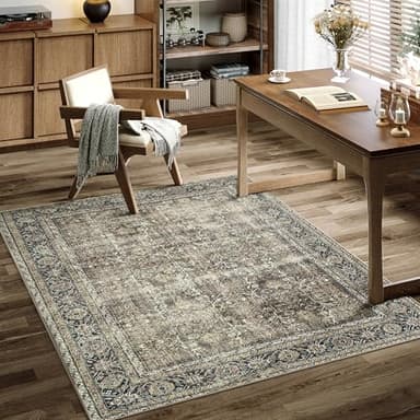 PureCozy Vintage Area Rug 4x5 Brown Entryway Office Washable Carpet Non Slip Bedroom Indoor Living Room Door Mat Low Pile Traditional Distressed Retro Accent Rug for Dining Room Bathroom Kitchen - Image 1