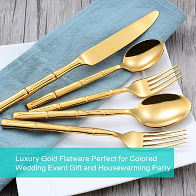 Flatasy Silverware Set Gold Flatware Set Stainless Steel Bamboo Handle Cutlery Set Mirror Polished 60 Pieces for Home Kitchen Restaurant Hotel Wedding Housewarming Gift Service for 12 - Image 4