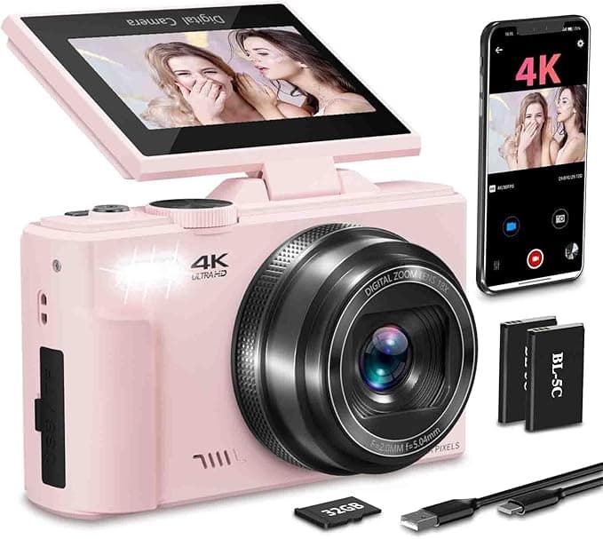 4K Digital Camera for Photography with 3" 180°Flip Screen,64MP Vlogging Camera for YouTube, HD WiFi Compact Camera with Flash, 18X Digital Zoom, 32GB TF Card & 2 Batteries（Pink） - Image 1