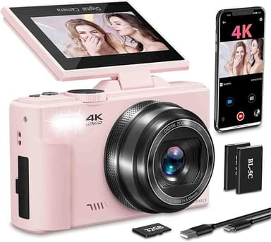 4K Digital Camera for Photography with 3" 180°Flip Screen,64MP Vlogging Camera for YouTube, HD WiFi Compact Camera with Flash, 18X Digital Zoom, 32GB TF Card & 2 Batteries（Pink） - Image 1