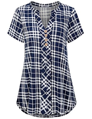 MOQIVGI Ladies Tops Plaid Print Tee Blouse Split V Neck Short Sleeve Checker Pattern Modern Fit Polyester Stretchy Shirt Woman Daily Wear Clothing Blue White Large - Image 1